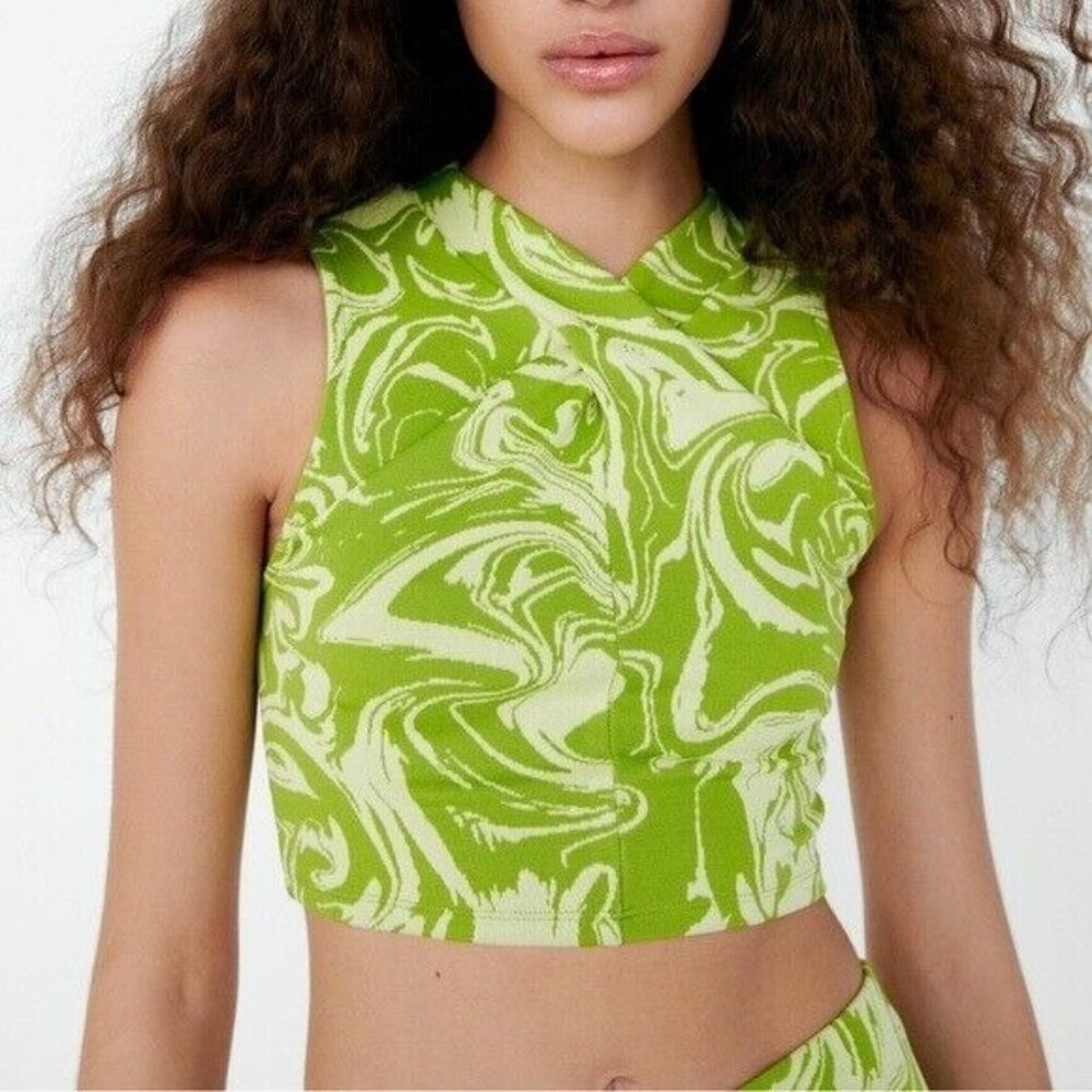 Zara Women’s Jacquard Wrap Crop Top Marble Green Size Small